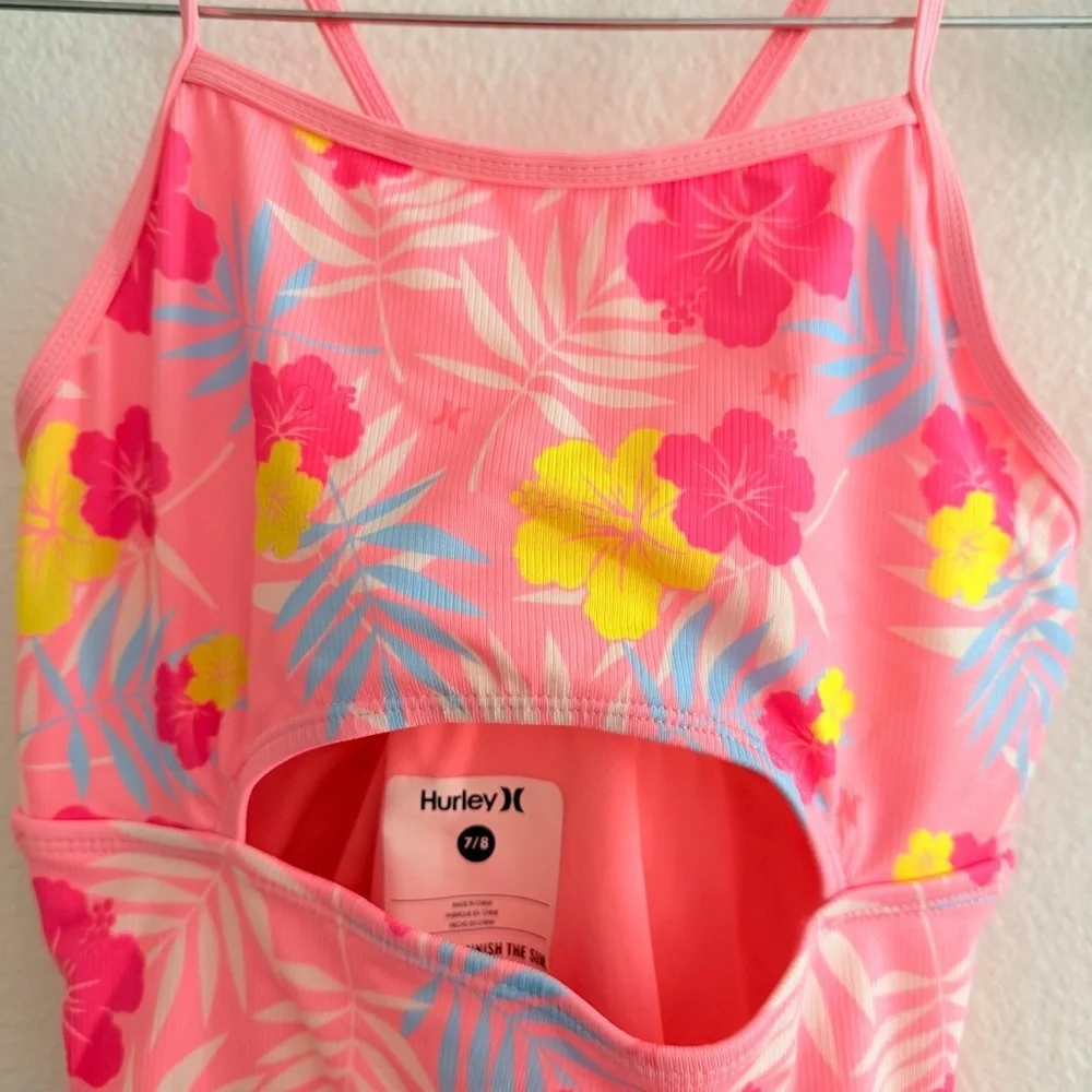 Hurley Youth Girls' Pink Floral Hawaiian Cut Out One Piece Swimsuit Size 7/8
